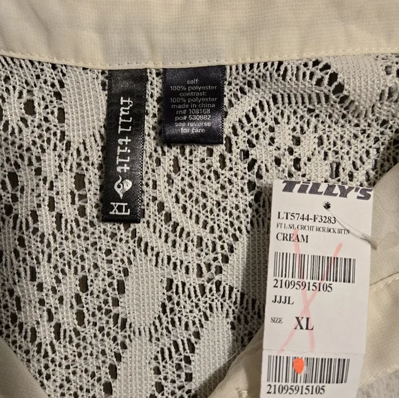 Full Tilt Cream Sheer Sleeveless Button Down Blouse Lace Back Size XL - Picture 6 of 6